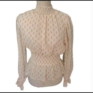 O.P.T One pretty time high neck long sleeve ruched cream and gold blouse